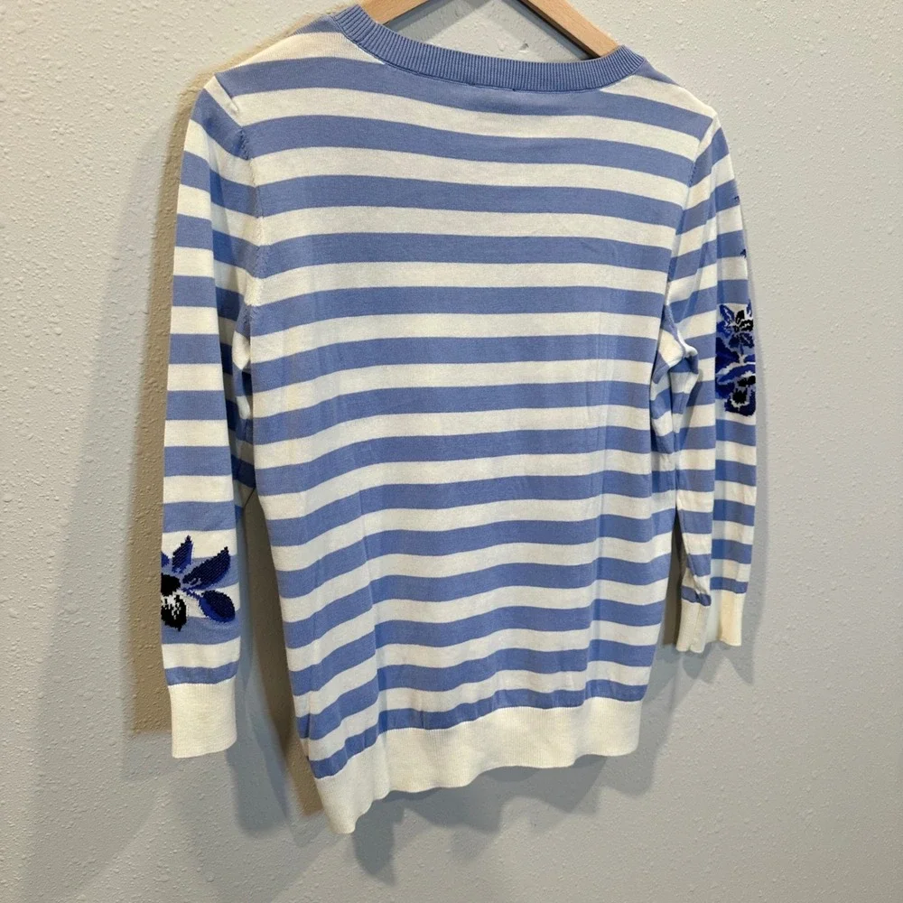 Talbots‎ Sweater Women S Blue Striped Floral 3/4 Sleeve Cotton Blend Preppy NWT